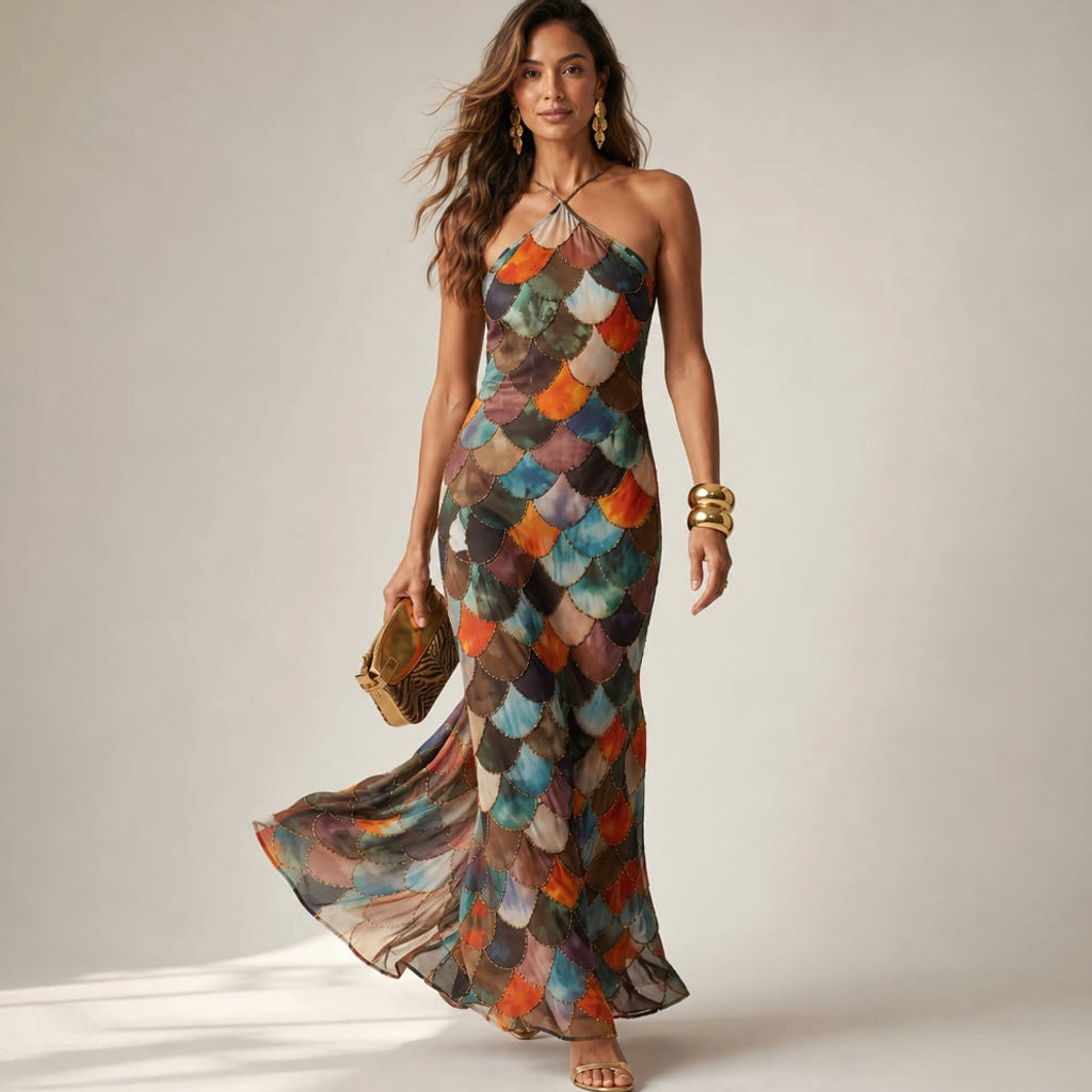 Modelo de pie usando vestido maxi de escamas geométricas con silueta entallada y largo hasta el suelo