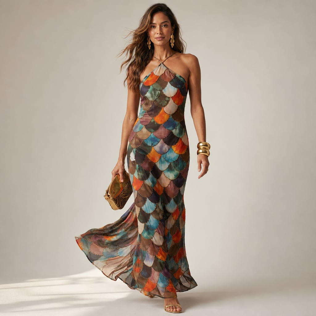 Modelo de pie usando vestido maxi de escamas geométricas con silueta entallada y largo hasta el suelo