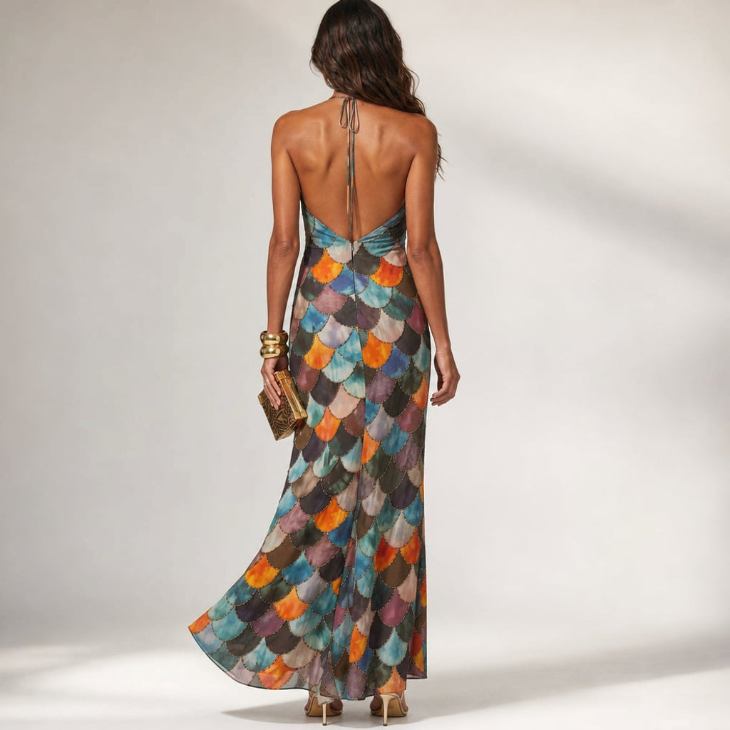 Vestido maxi estampado de escamas geométricas entallado – Labetina
