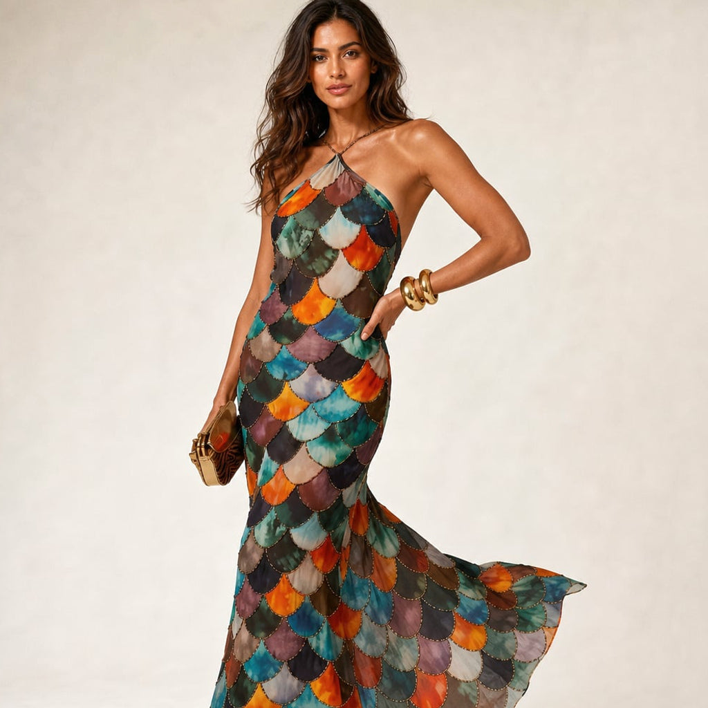 Vestido maxi estampado de escamas geométricas entallado – Labetina
