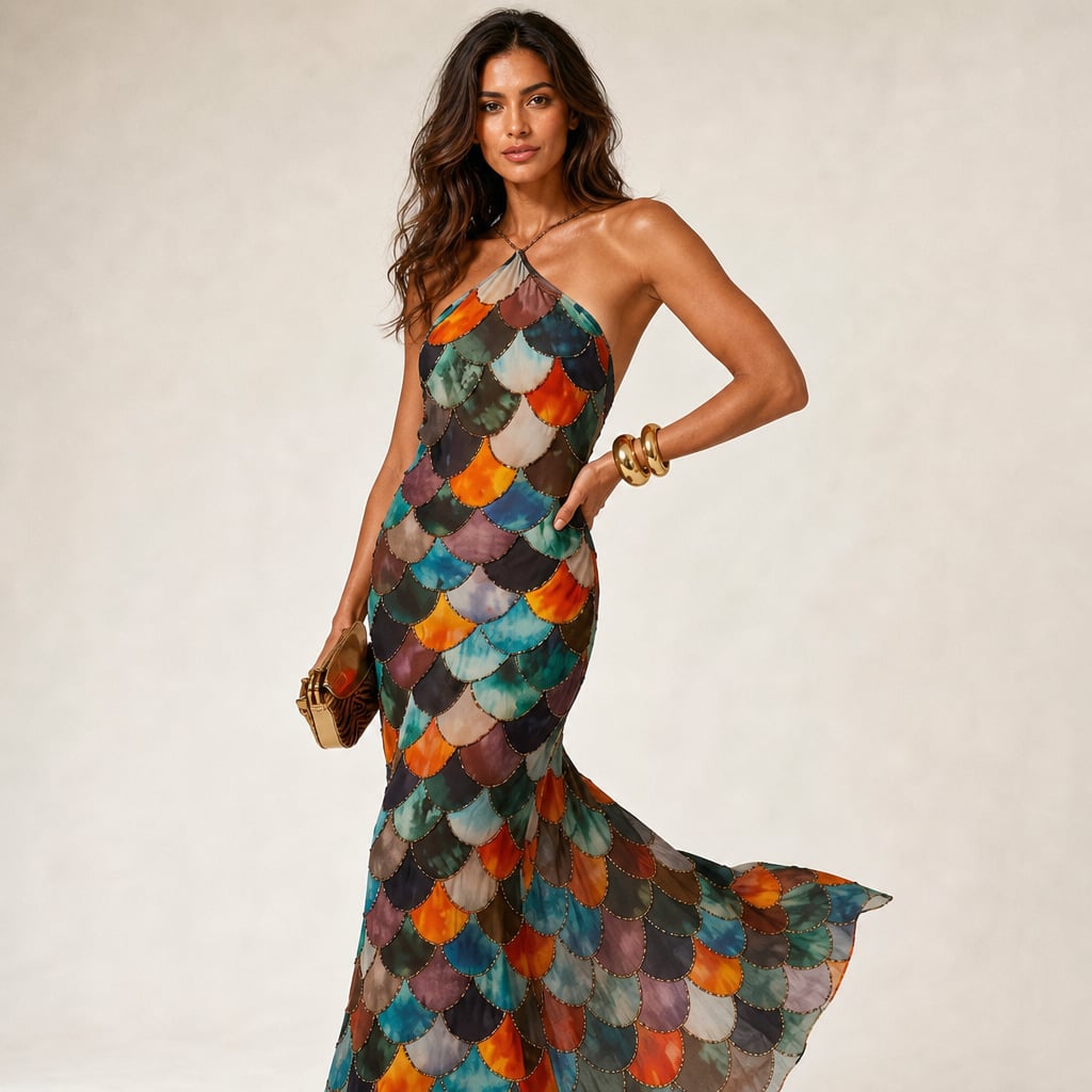Vestido maxi estampado de escamas geométricas entallado – Labetina