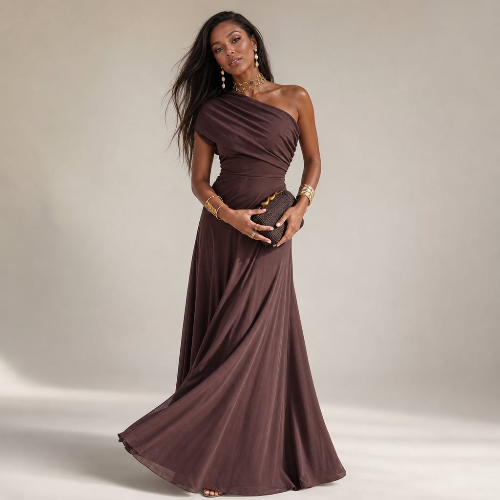 Modelo con vestido maxi plisado café de hombro asimétrico, silueta completa