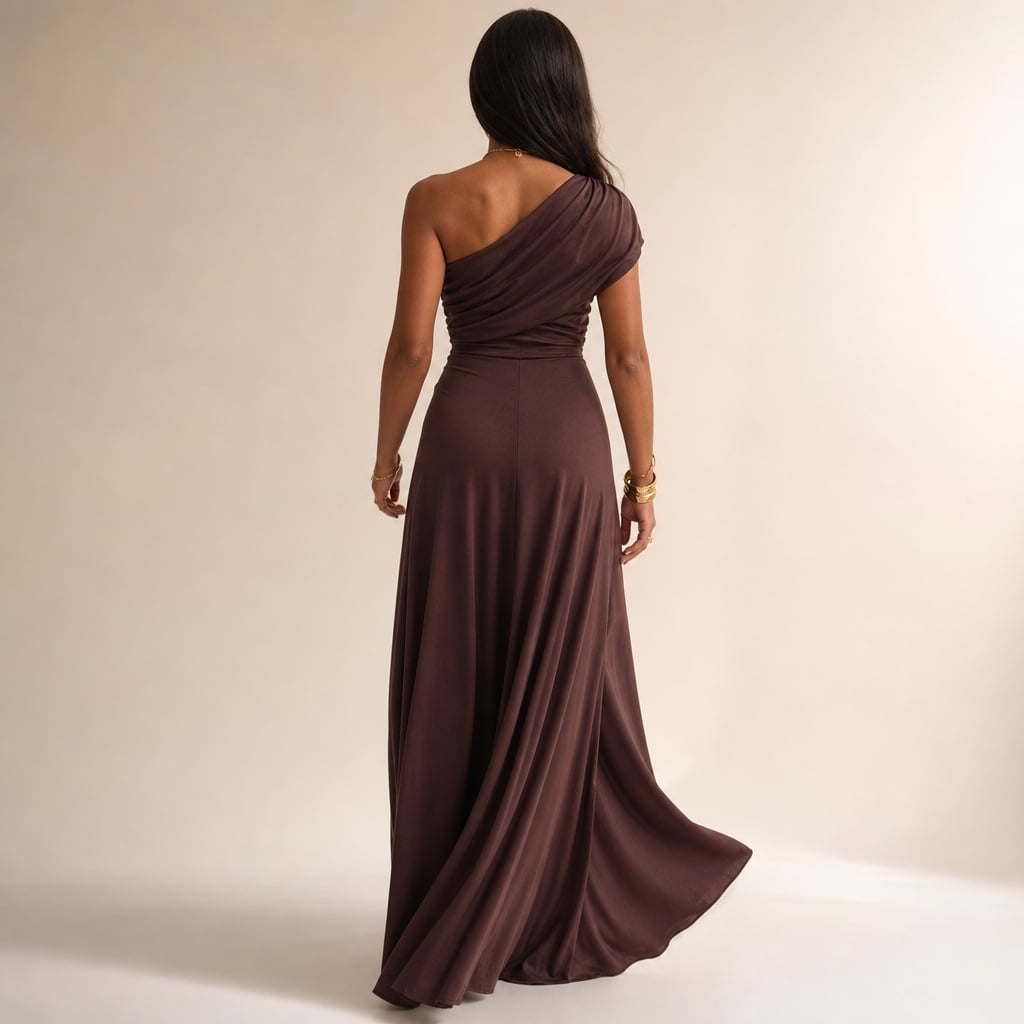 Vestido maxi plisado hombro asimétrico caída fluida – Labetina