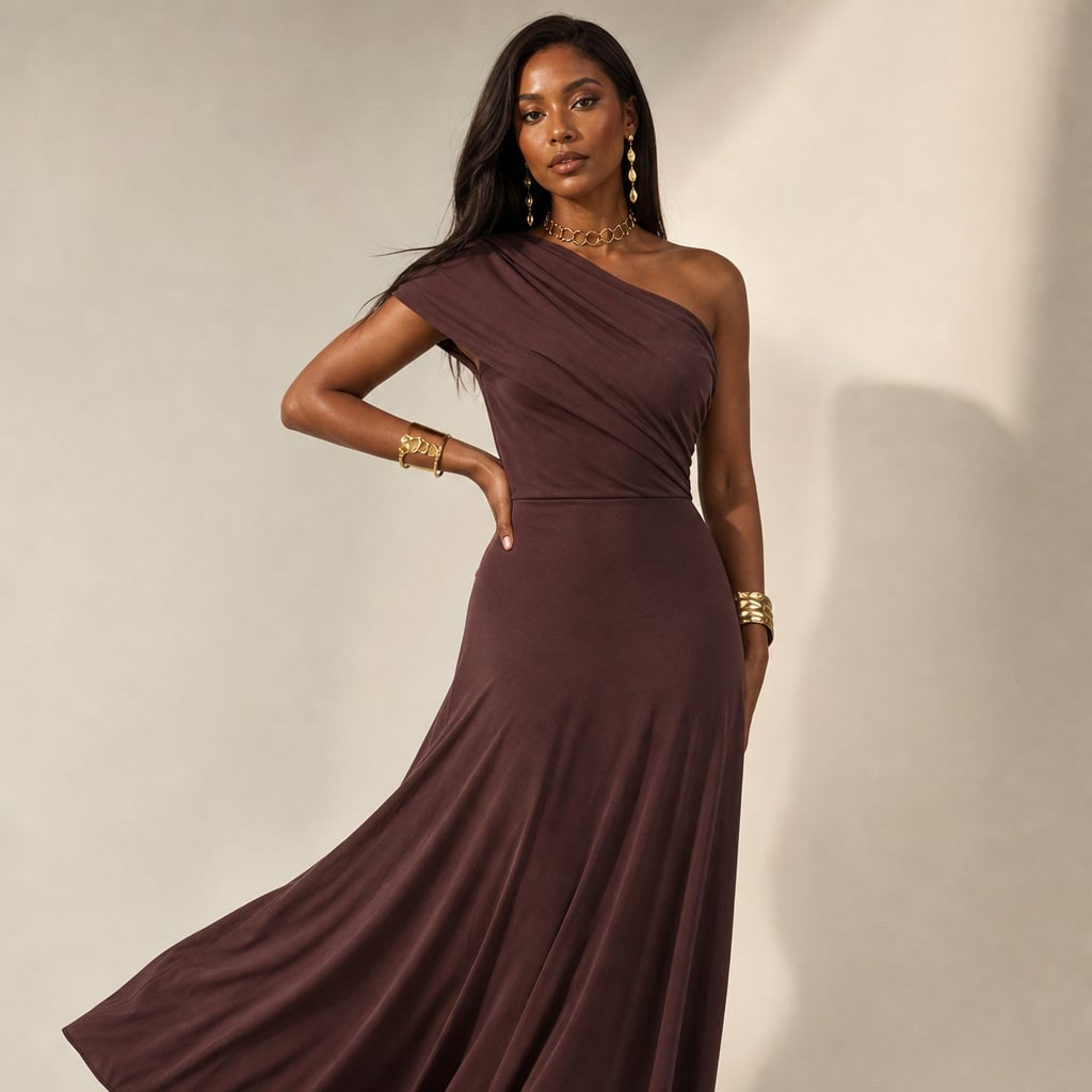Vestido maxi plisado hombro asimétrico caída fluida – Labetina