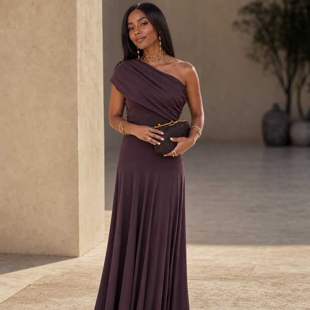 Vestido maxi plisado hombro asimétrico caída fluida – Labetina
