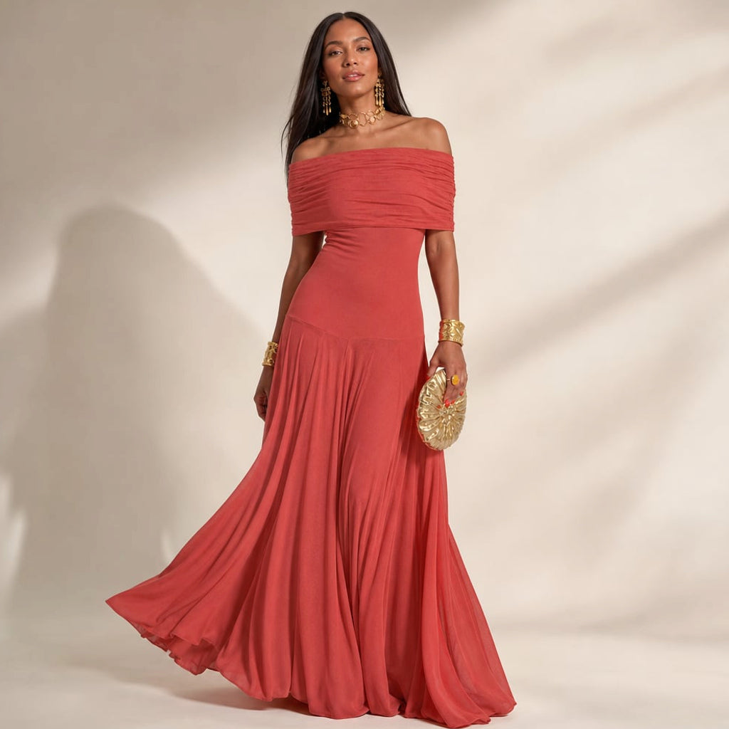 Vestido maxi plisado hombro asimétrico caída fluida en Red – Labetina