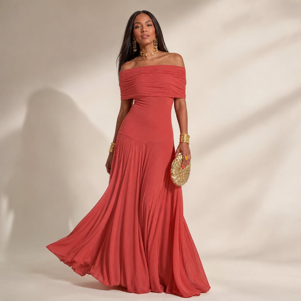 Vestido maxi plisado hombro asimétrico caída fluida en Red – Labetina