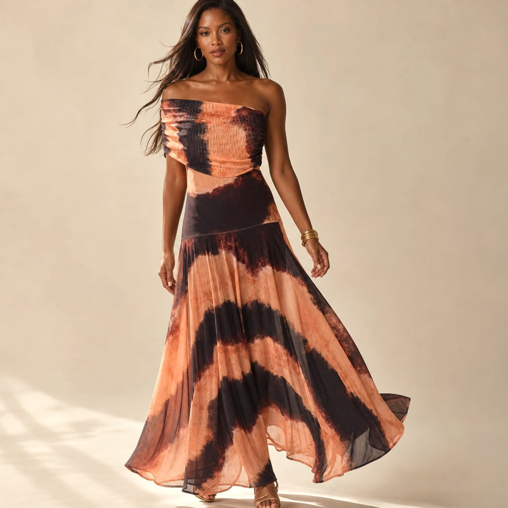 Vestido maxi plisado hombro asimétrico caída fluida en Orange – Labetina