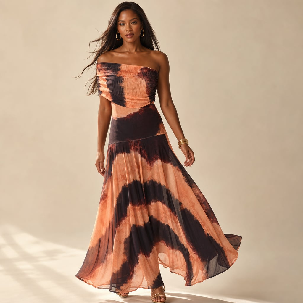 Vestido maxi plisado hombro asimétrico caída fluida en Orange – Labetina