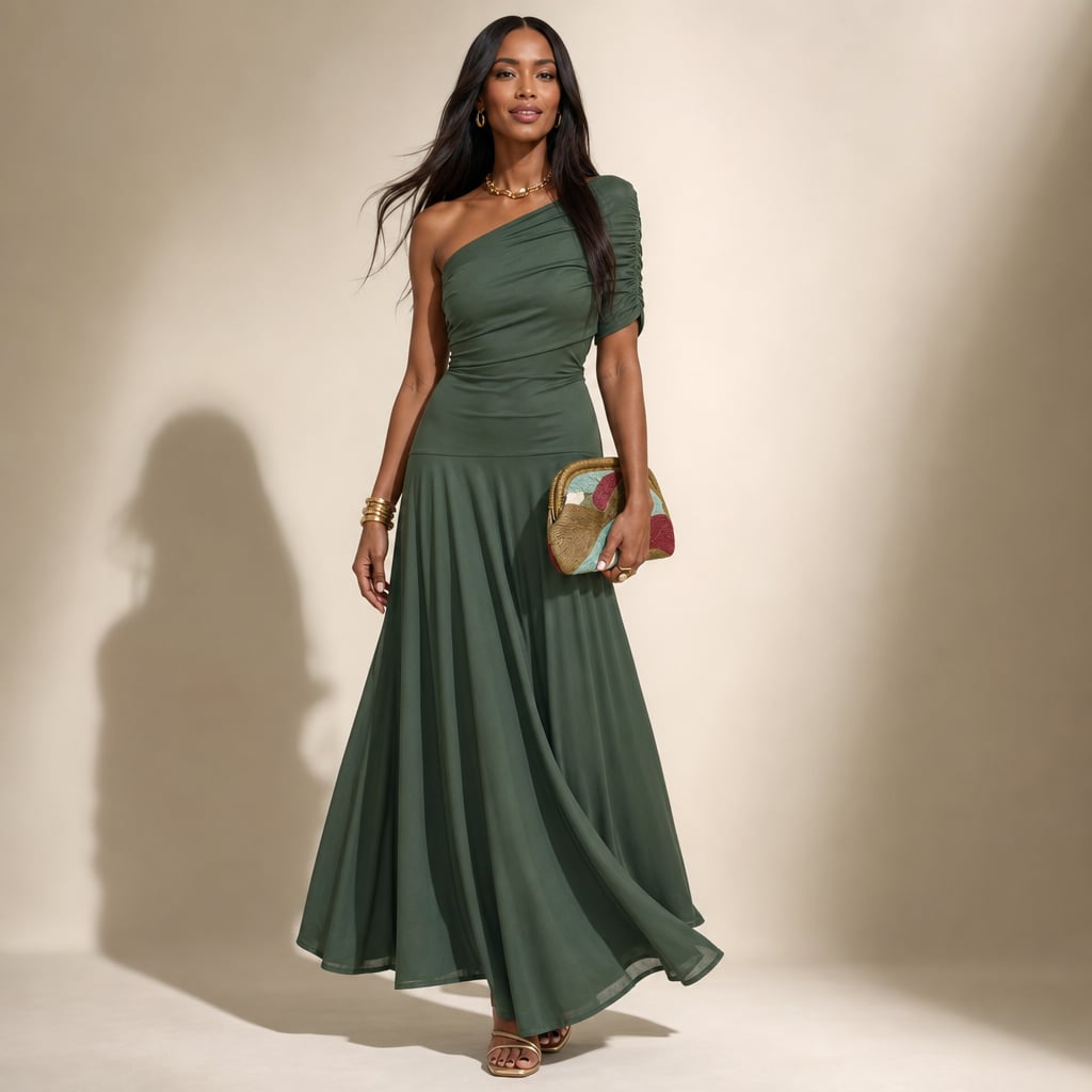 Vestido maxi plisado hombro asimétrico caída fluida en Green – Labetina