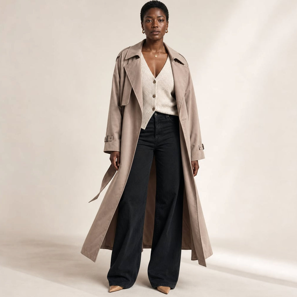Trench coat longline oversize en color mocha con cinturón integrado, vista frontal completa