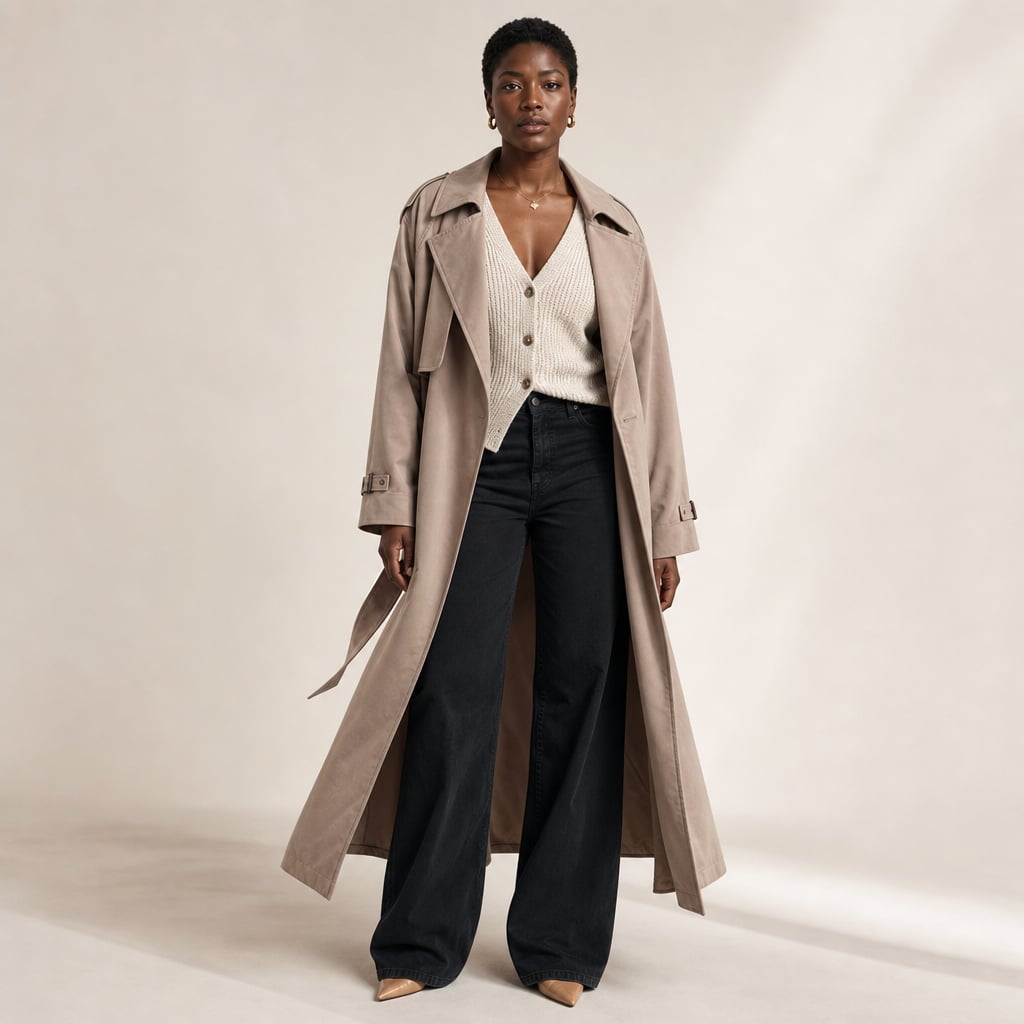 Trench coat longline oversize en color mocha con cinturón integrado, vista frontal completa
