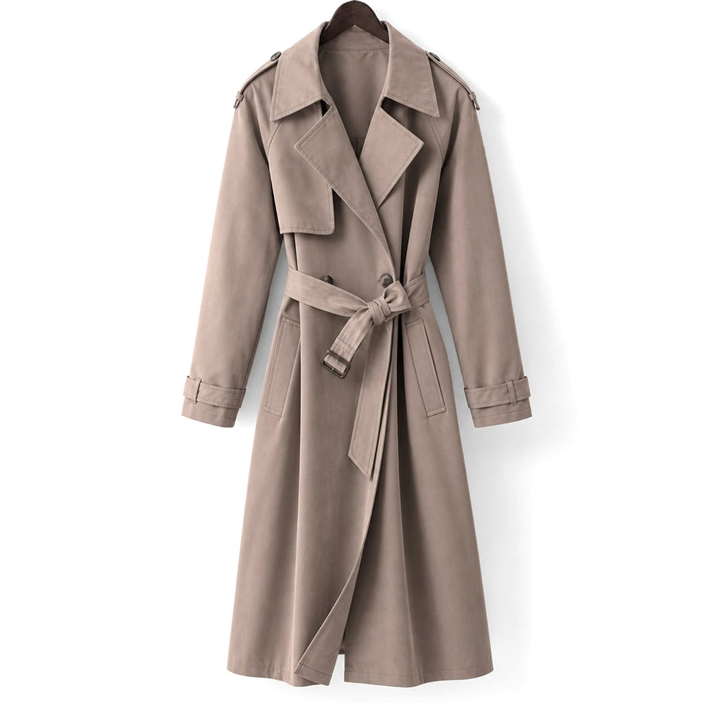 Modelo con trench coat longline mocha por debajo de la rodilla, cinturón anudado en la cintura