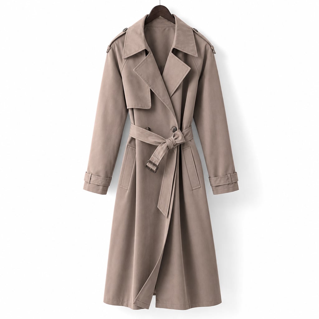 Modelo con trench coat longline mocha por debajo de la rodilla, cinturón anudado en la cintura