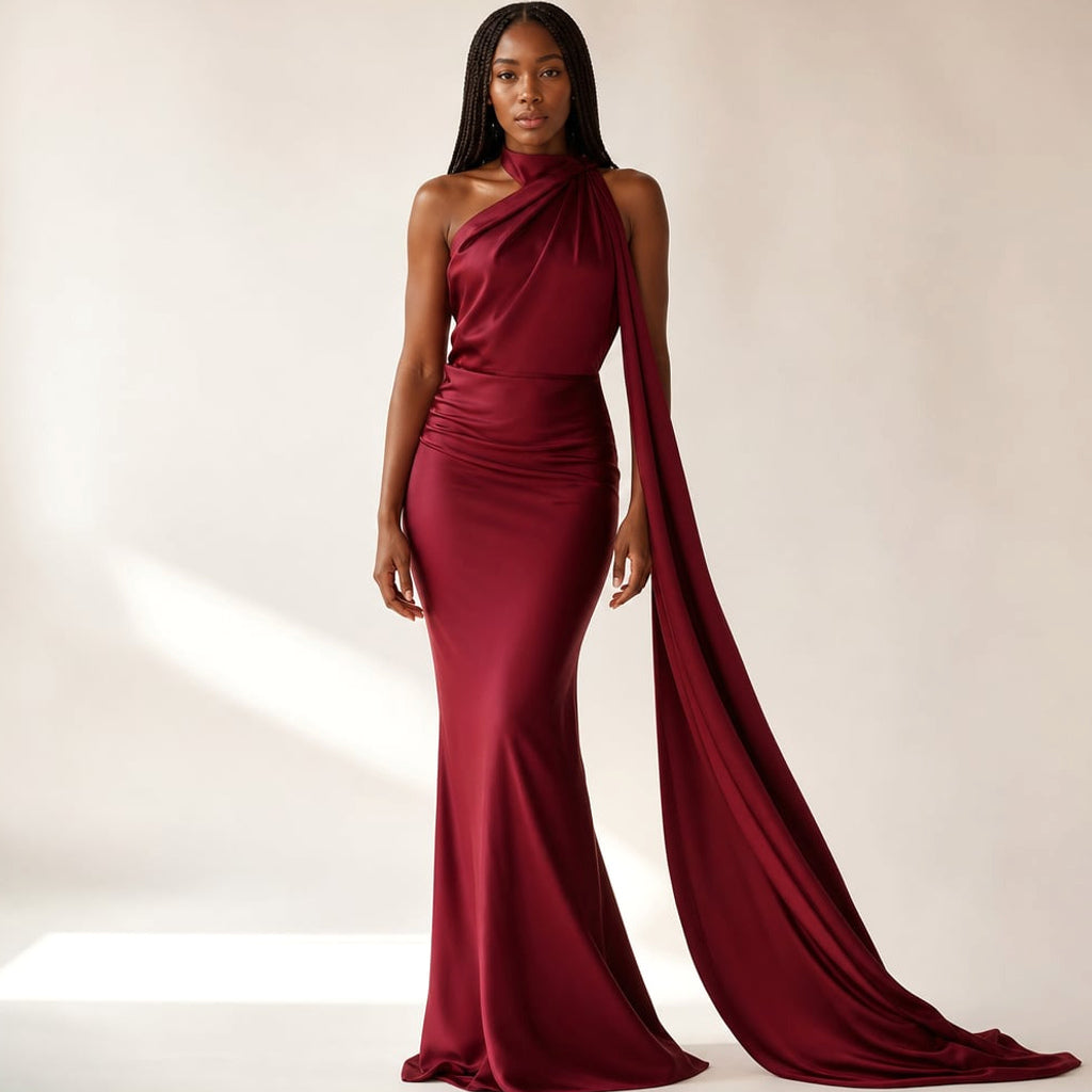 Vestido maxi de un hombro en color vino con drapeado asimétrico hasta el suelo