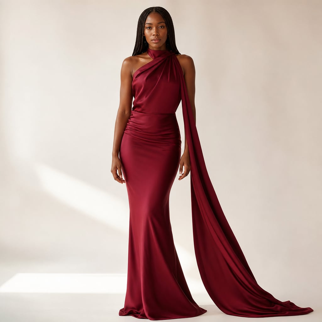 Vestido maxi de un hombro en color vino con drapeado asimétrico hasta el suelo