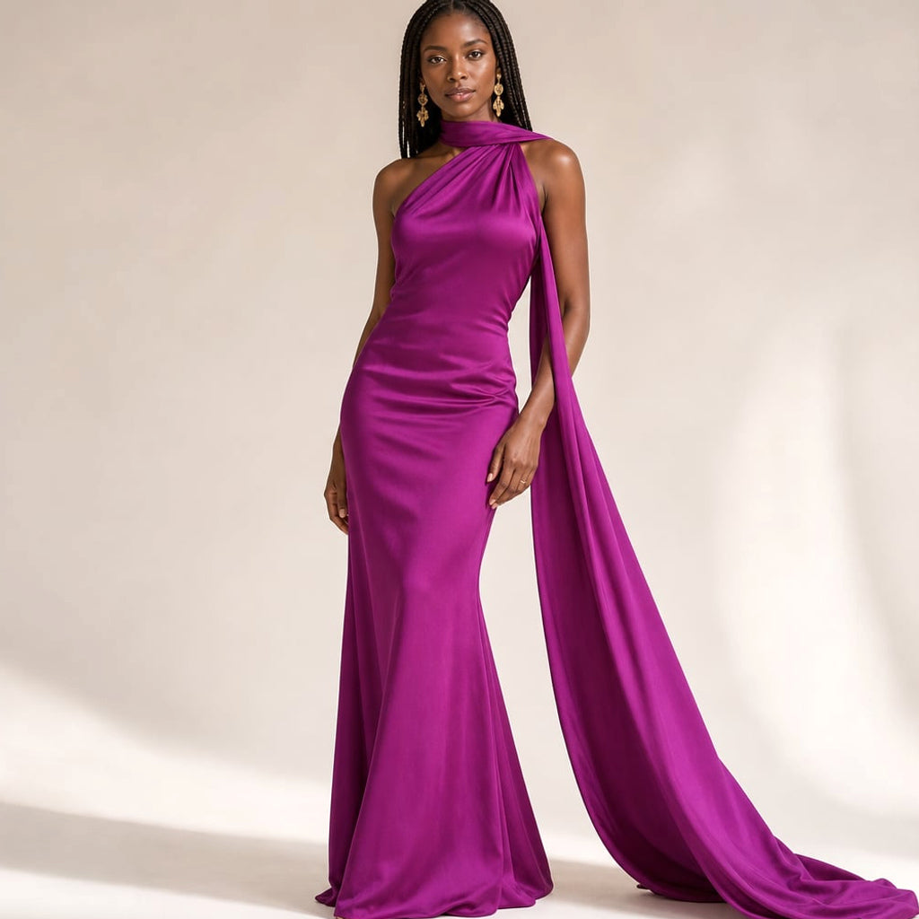 Vestido maxi un hombro drapeado asimétrico en Purple – Labetina