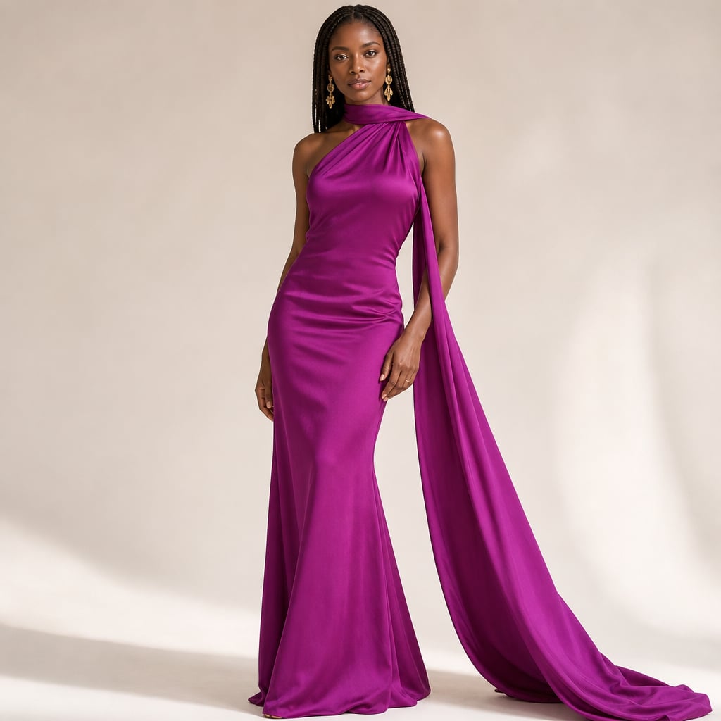 Vestido maxi un hombro drapeado asimétrico en Purple – Labetina