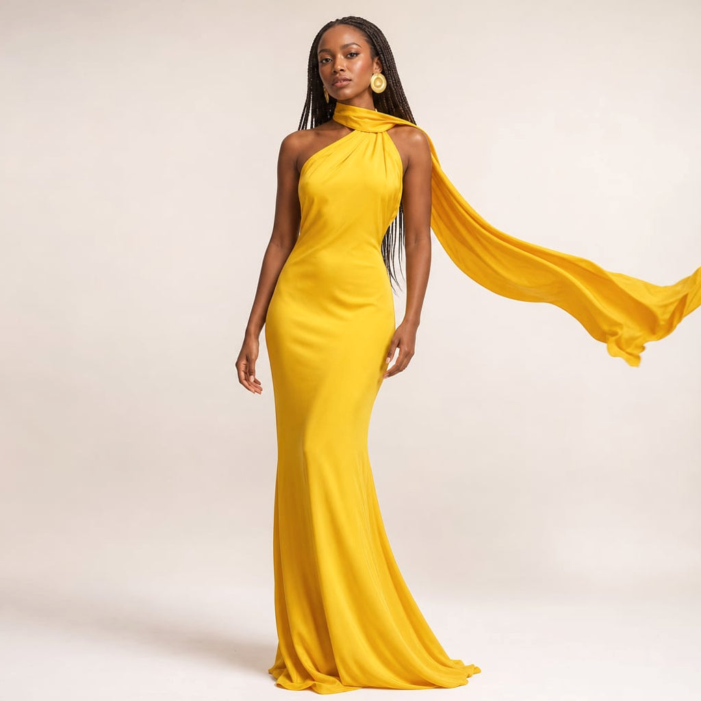 Vestido maxi un hombro drapeado asimétrico en Yellow – Labetina