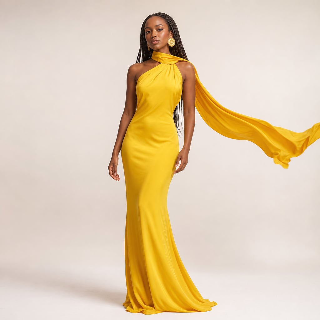 Vestido maxi un hombro drapeado asimétrico en Yellow – Labetina