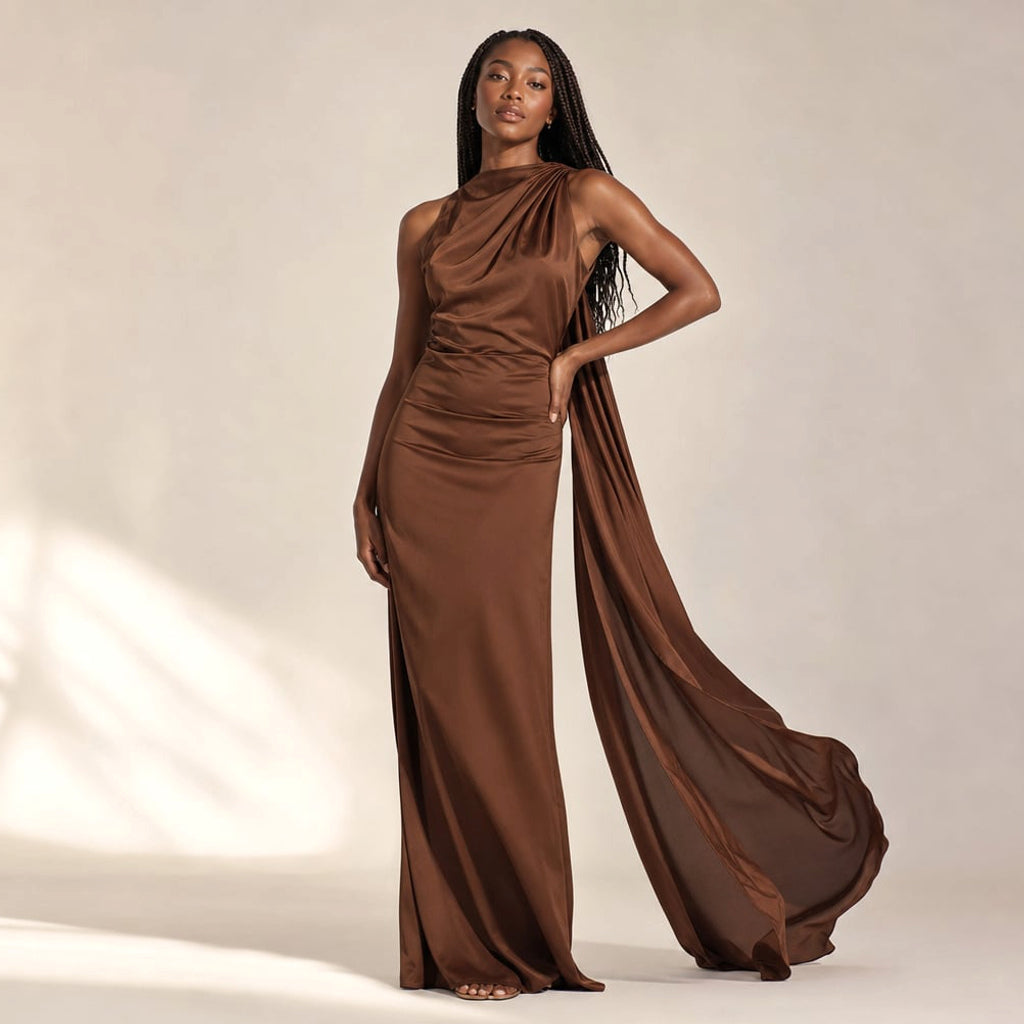 Vestido maxi un hombro drapeado asimétrico en Brown – Labetina