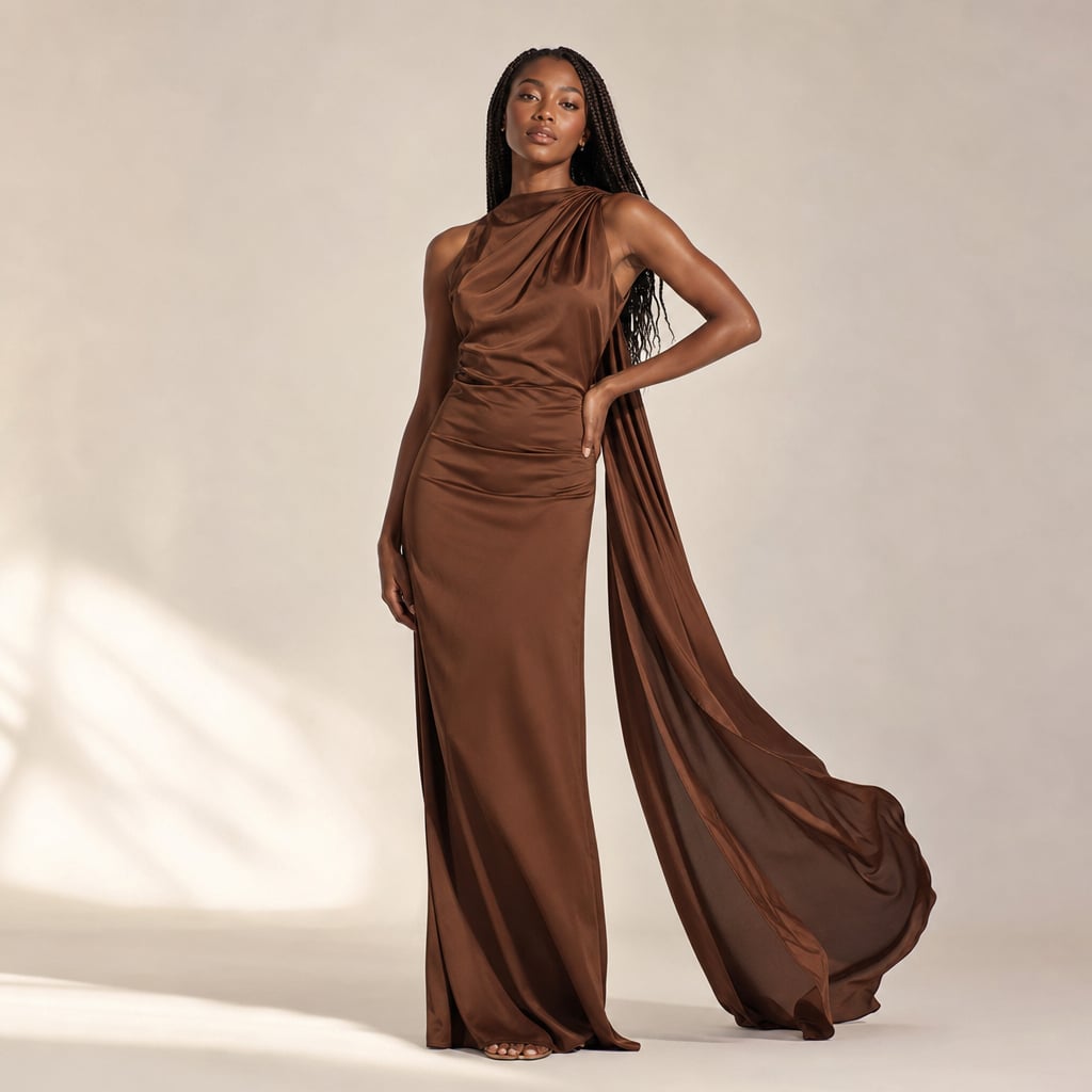 Vestido maxi un hombro drapeado asimétrico en Brown – Labetina