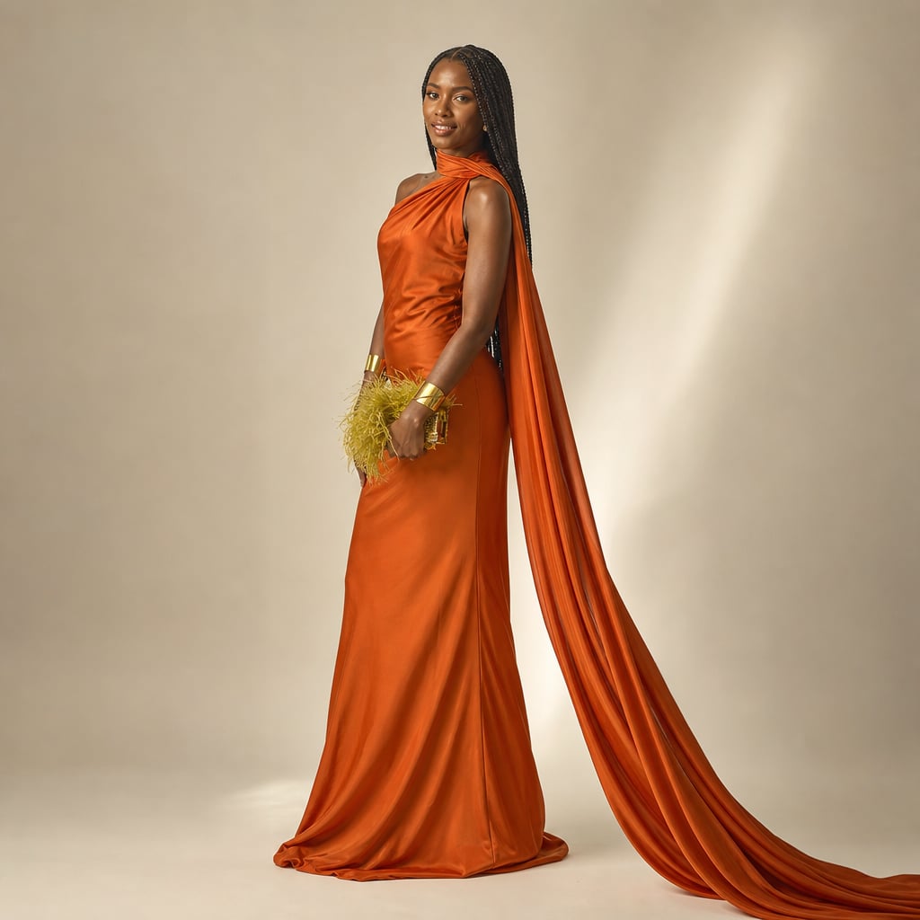 Vestido maxi un hombro drapeado asimétrico en Orange – Labetina