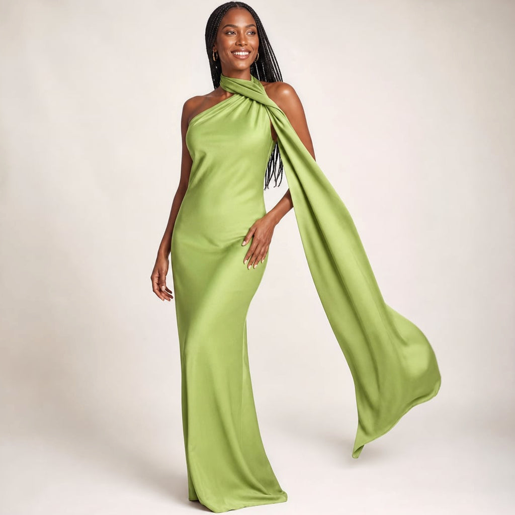 Vestido maxi un hombro drapeado asimétrico en Green – Labetina