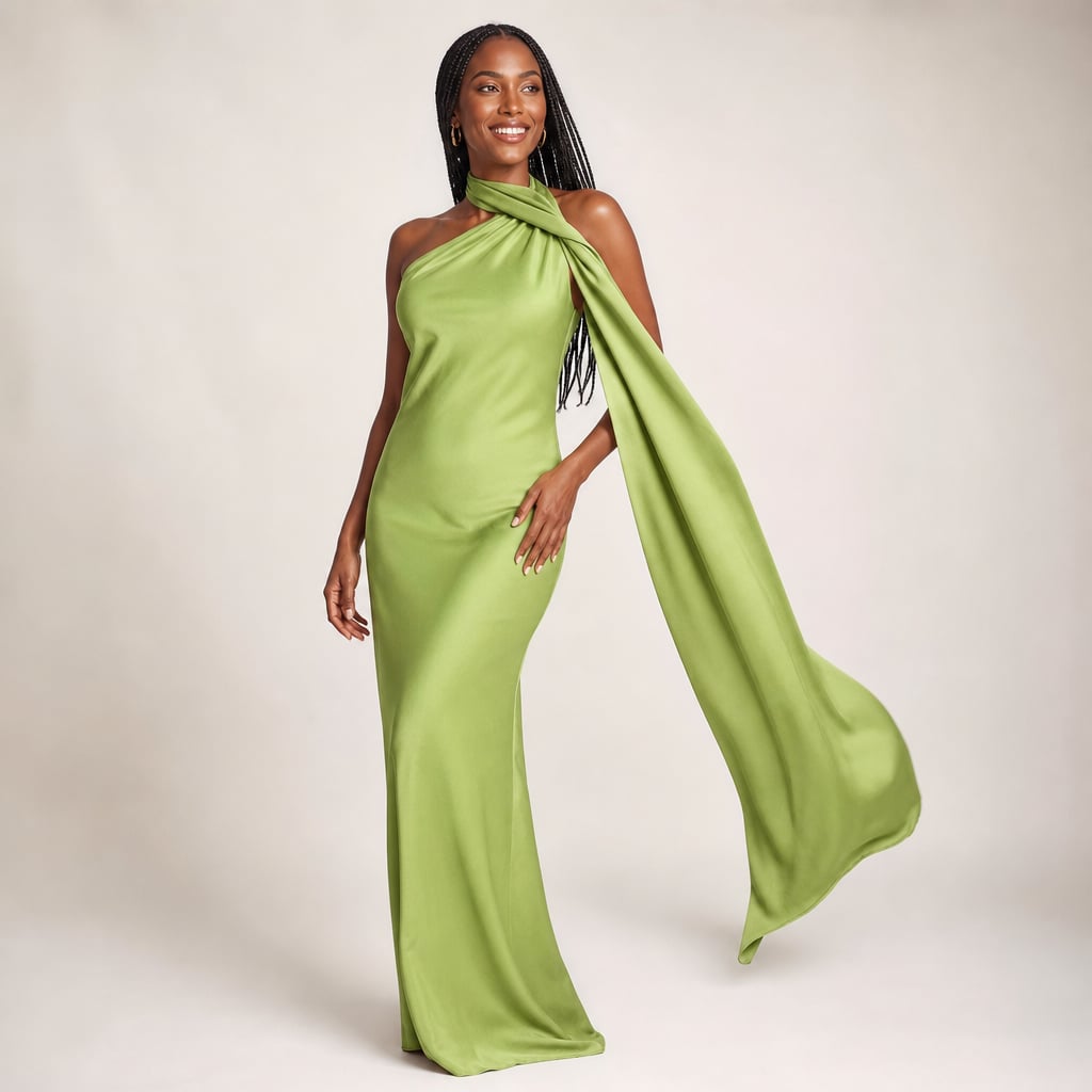Vestido maxi un hombro drapeado asimétrico en Green – Labetina