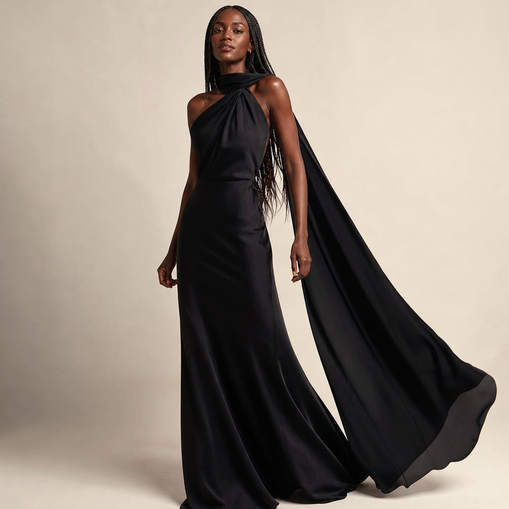 Vestido maxi un hombro drapeado asimétrico en Black – Labetina