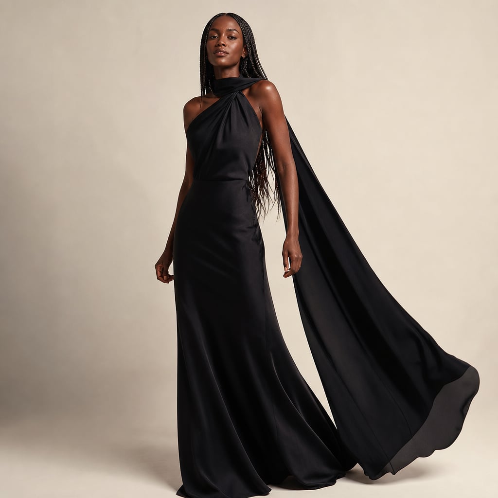 Vestido maxi un hombro drapeado asimétrico en Black – Labetina