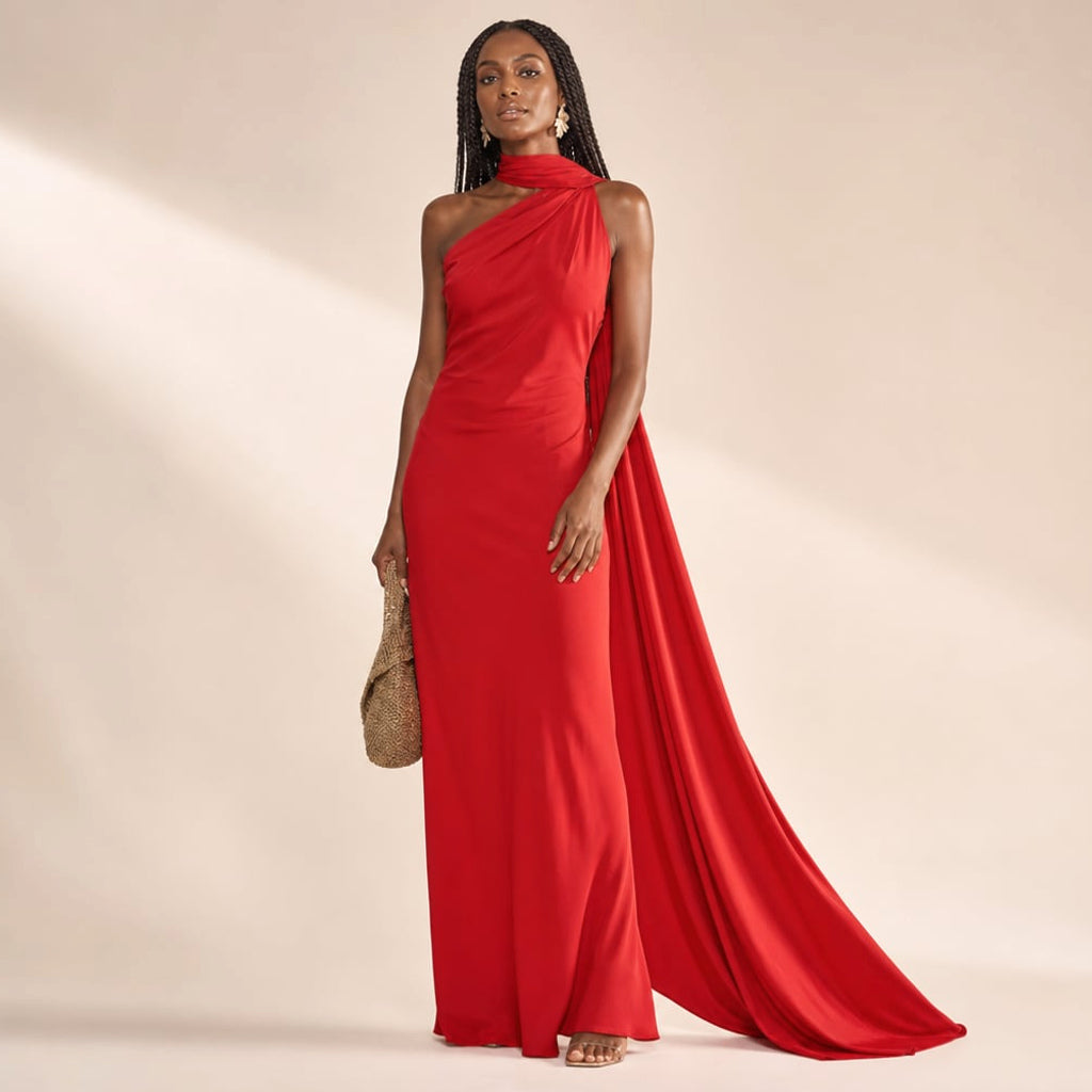 Vestido maxi un hombro drapeado asimétrico en Red – Labetina