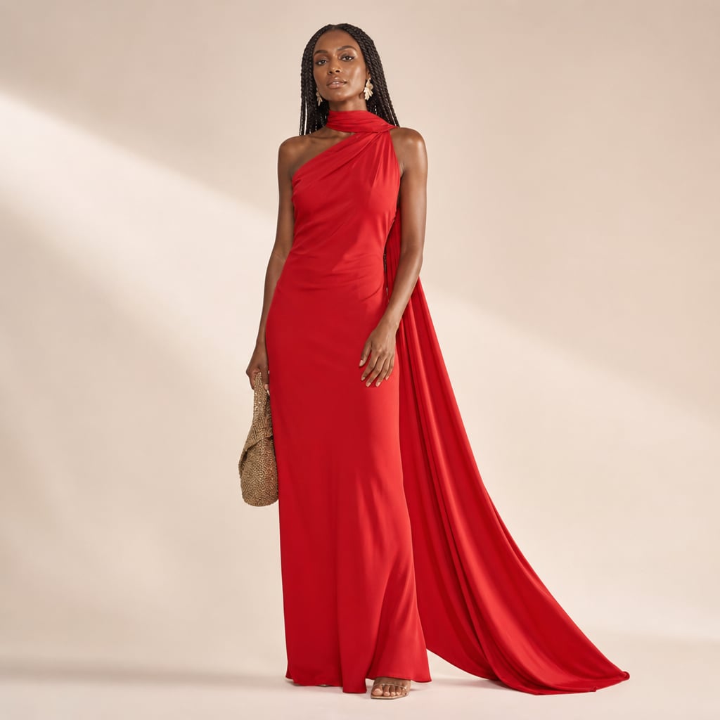 Vestido maxi un hombro drapeado asimétrico en Red – Labetina