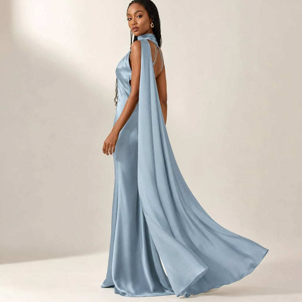 Vestido maxi un hombro drapeado asimétrico en Blue – Labetina
