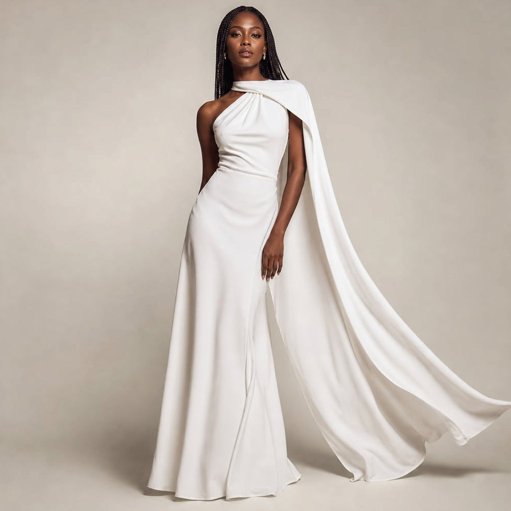 Vestido maxi un hombro drapeado asimétrico en White – Labetina