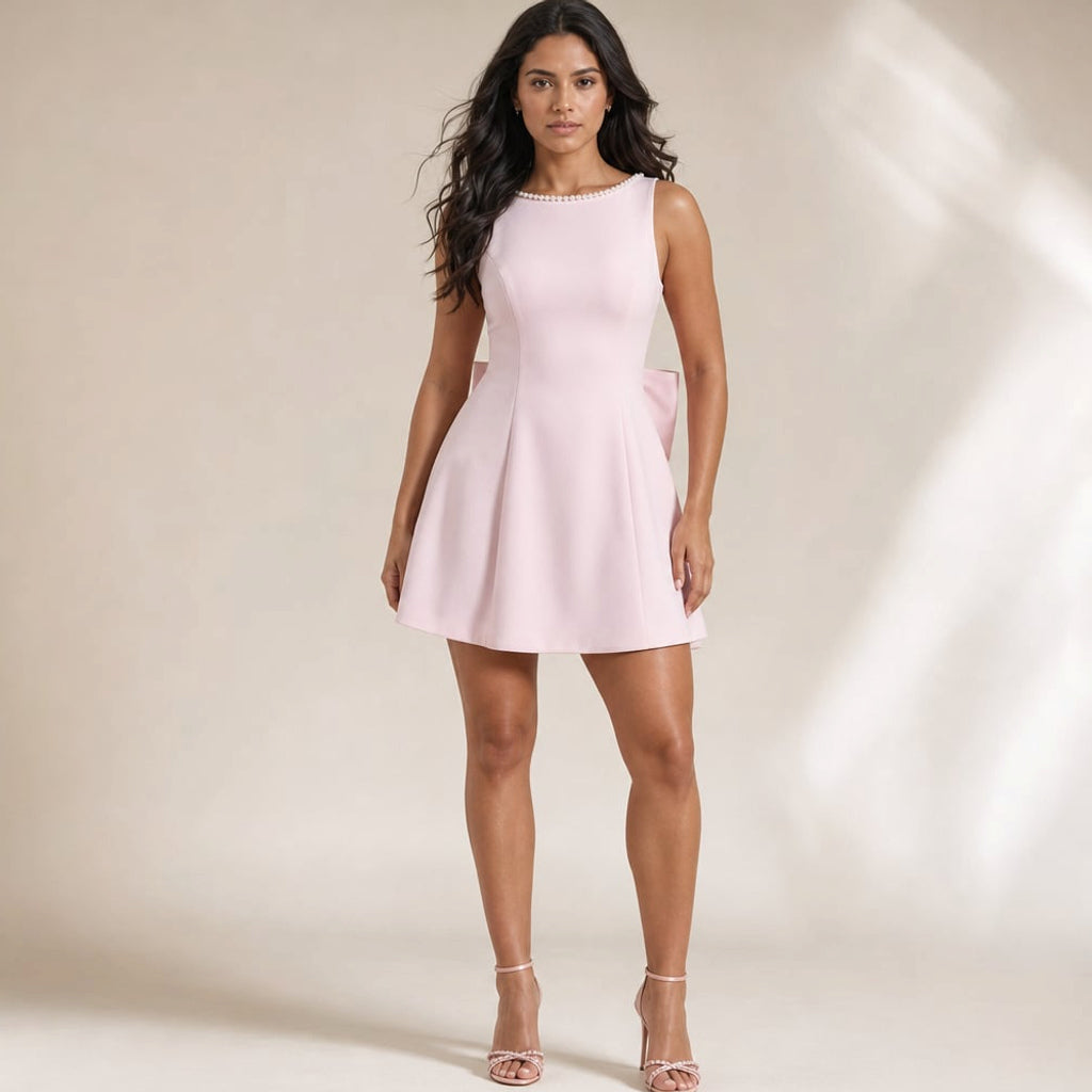 Vestido mini rosa con ribete de perlas en cuello bote, pliegues tipo caja y moño bajo en la espalda