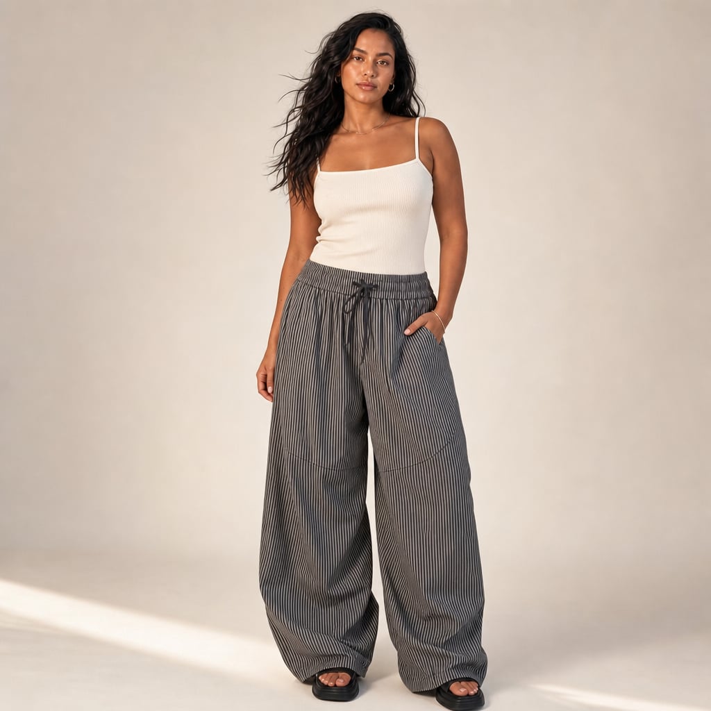 Pantalón barrel leg gris de tiro alto con cintura elástica, vista frontal completa