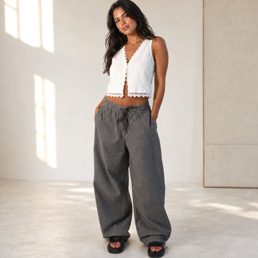 Pantalón barrel leg elástico en cintura tiro alto Gris – Labetina
