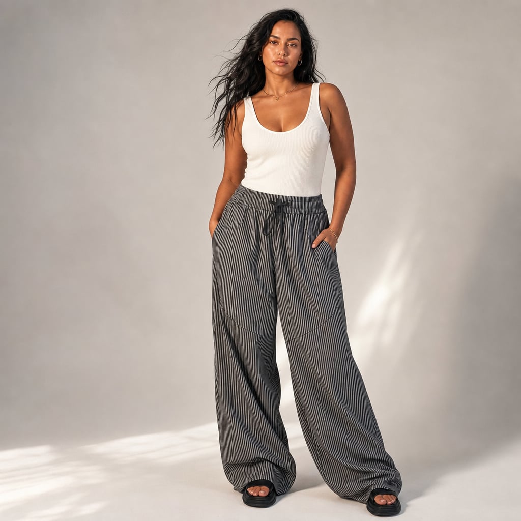 Modelo lleva pantalón barrel leg gris con pierna redondeada y pretina elástica, tiro alto, talla S