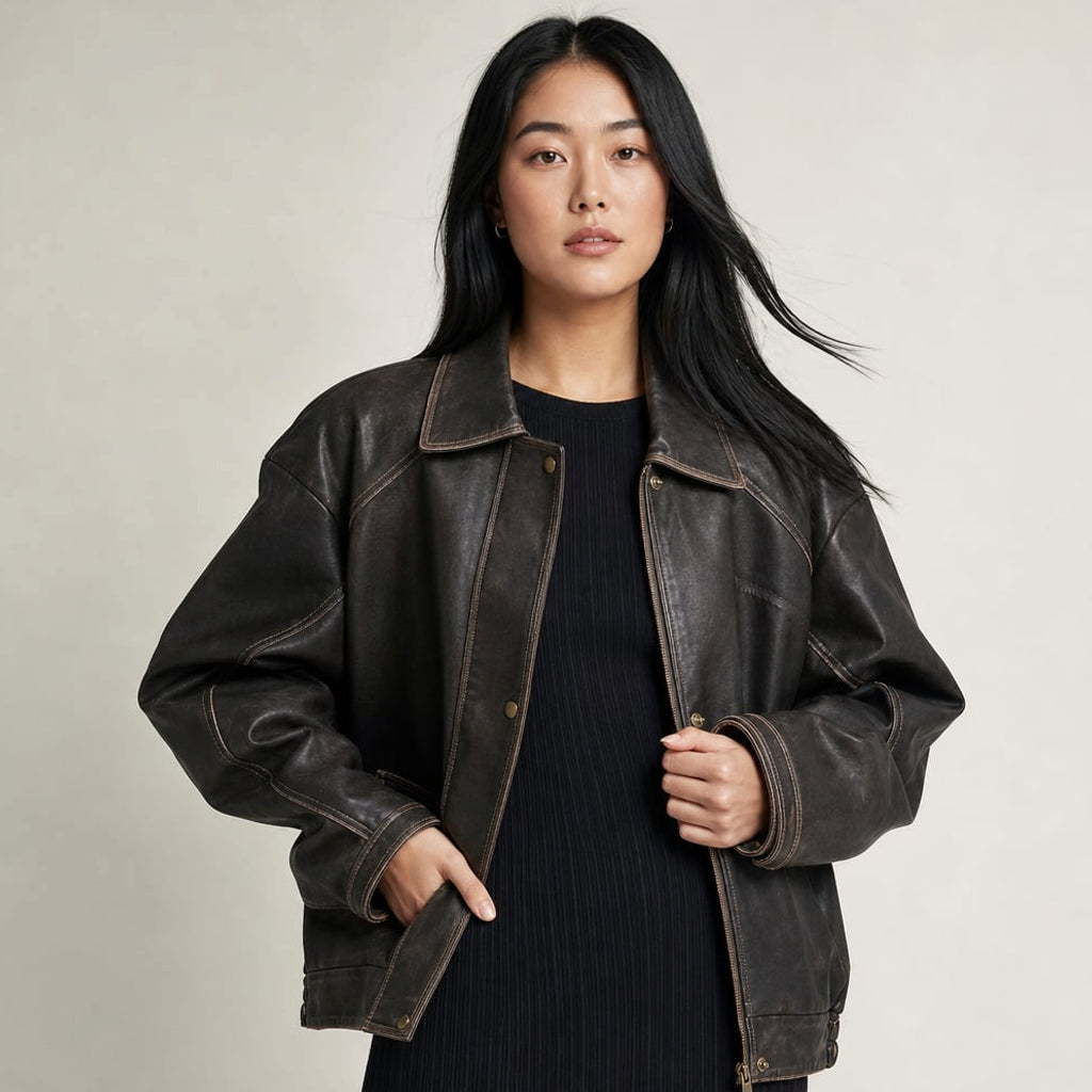 Bomber jacket oversized en PU carbón marrón con topstitching de contraste en costuras y puños, vista frontal