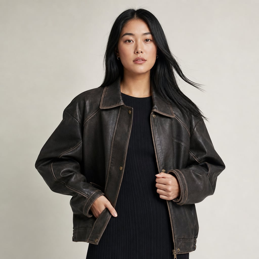 Bomber jacket oversized en PU carbón marrón con topstitching de contraste en costuras y puños, vista frontal