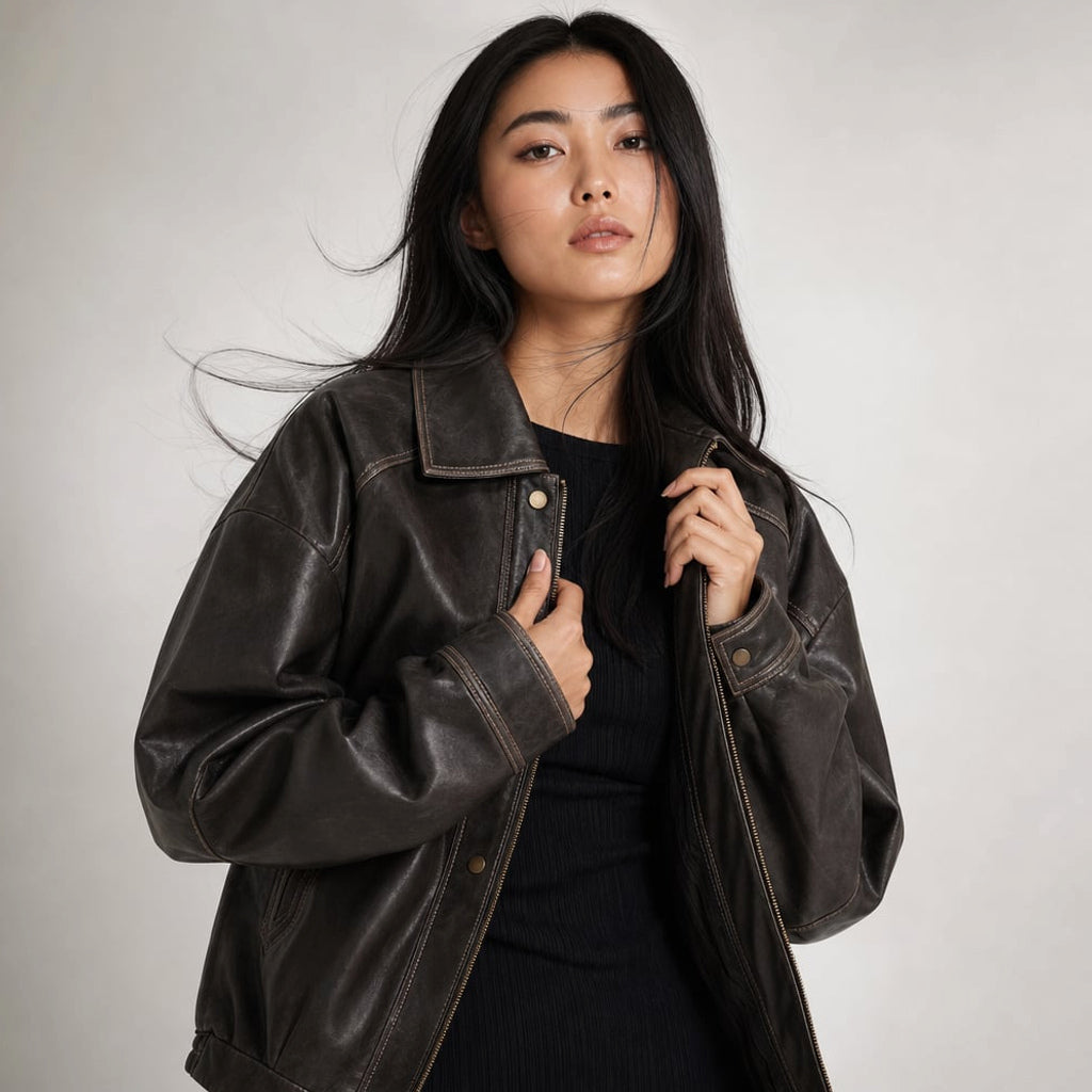 Modelo lleva bomber jacket oversized en tono carbón marrón con zip frontal y detalle de costura en contraste