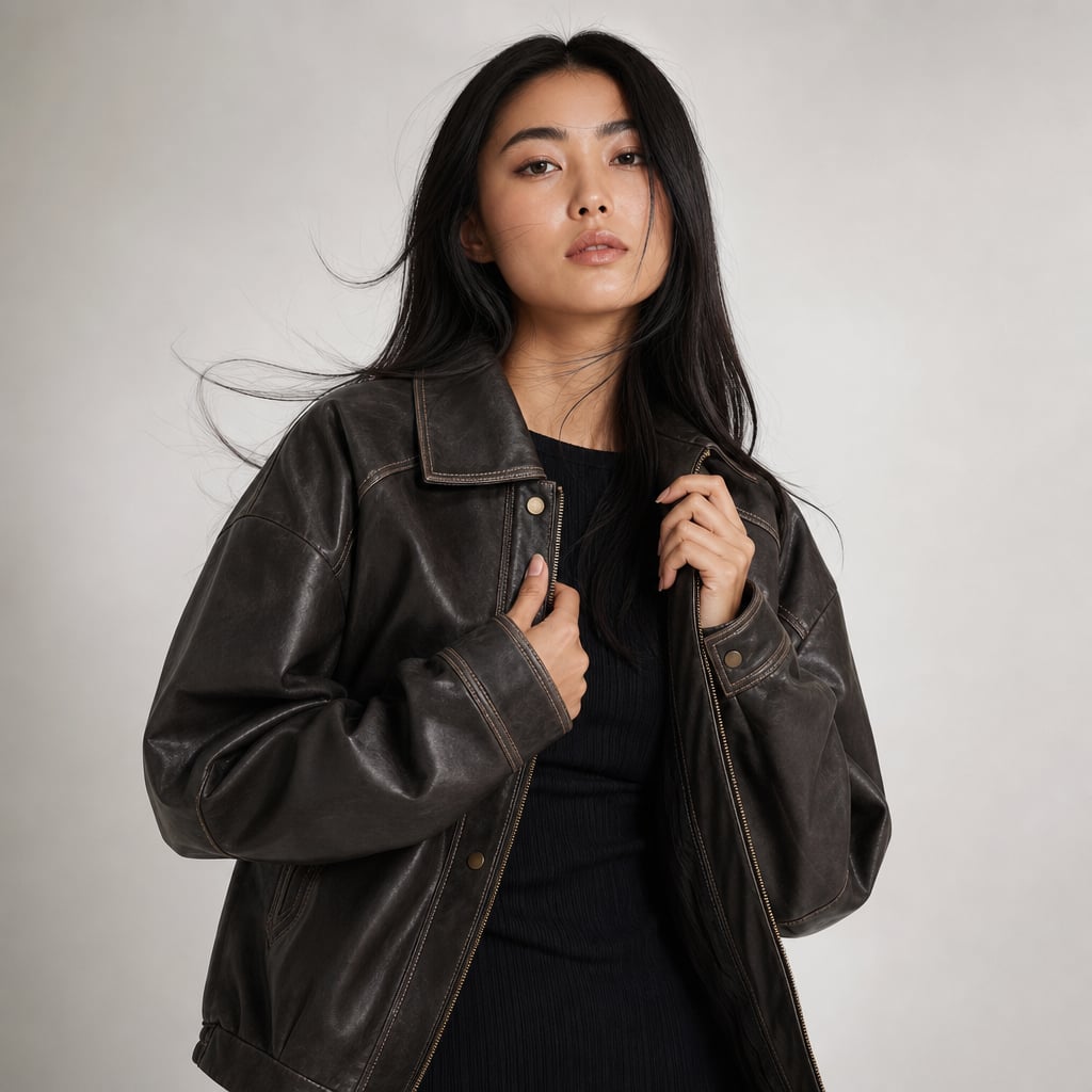 Modelo lleva bomber jacket oversized en tono carbón marrón con zip frontal y detalle de costura en contraste