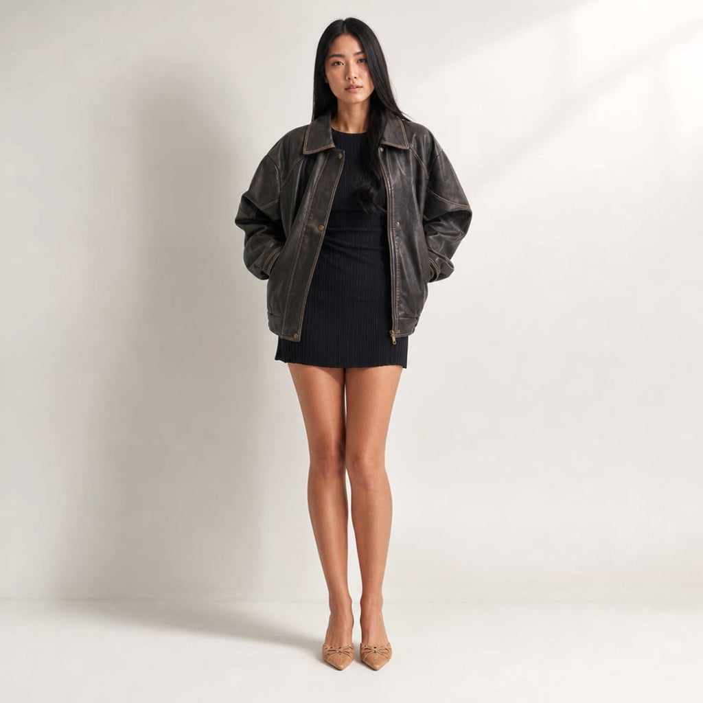 Bomber Jacket de PU con Costura de Contraste Carbón Marrón – Labetina
