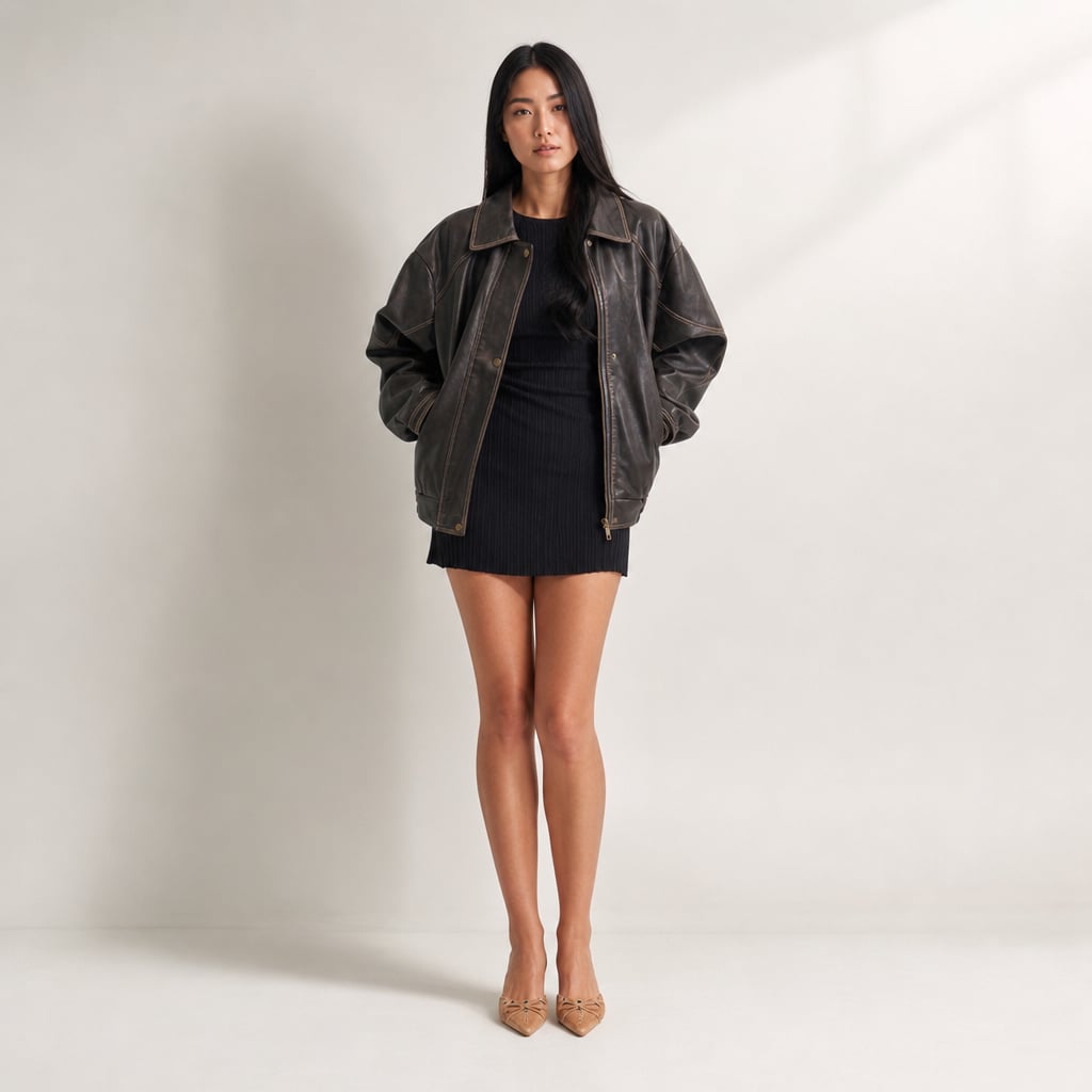 Bomber Jacket de PU con Costura de Contraste Carbón Marrón – Labetina