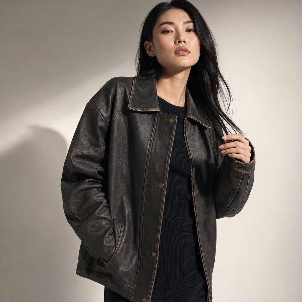 Bomber Jacket de PU con Costura de Contraste Carbón Marrón – Labetina