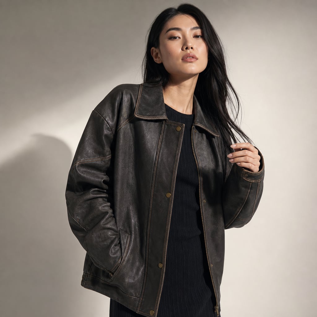 Bomber Jacket de PU con Costura de Contraste Carbón Marrón – Labetina