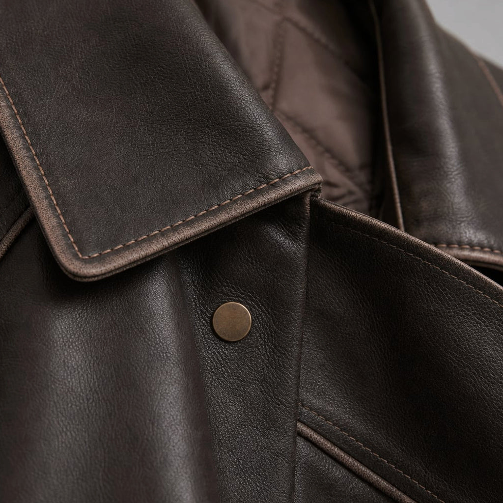 Bomber Jacket de PU con Costura de Contraste Carbón Marrón – Labetina