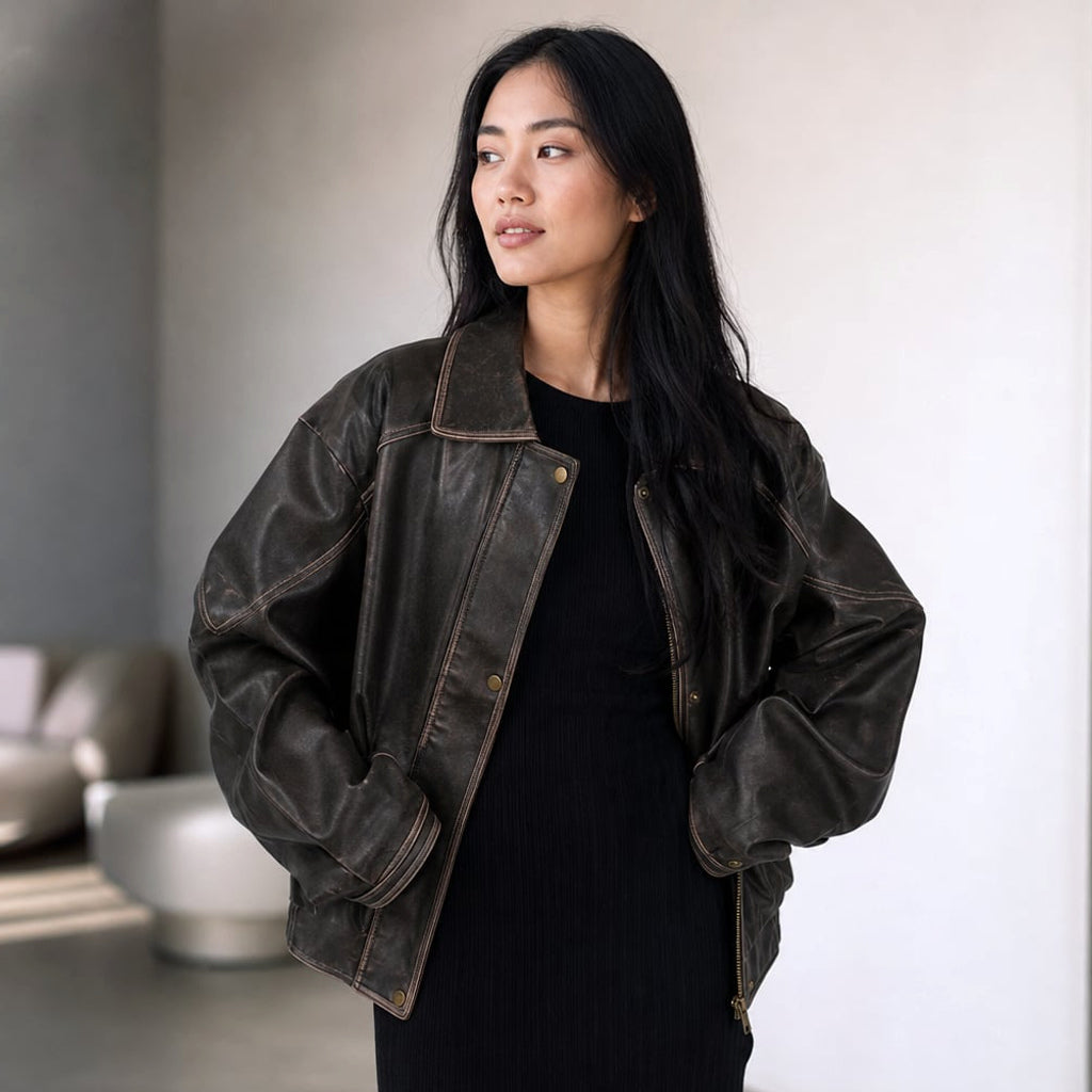 Bomber Jacket de PU con Costura de Contraste Carbón Marrón – Labetina