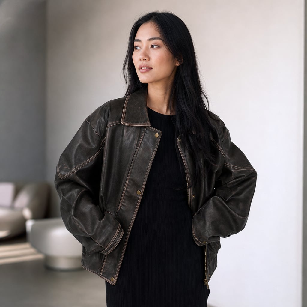 Bomber Jacket de PU con Costura de Contraste Carbón Marrón – Labetina